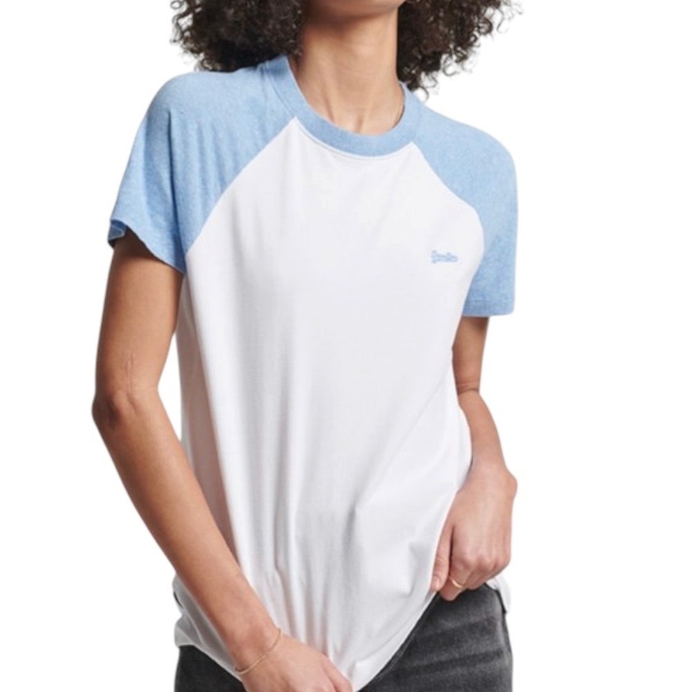 Superdry Womens Raglan T-Shirt White Blue Organic Cotton Size 6 Crew Neck | 0078